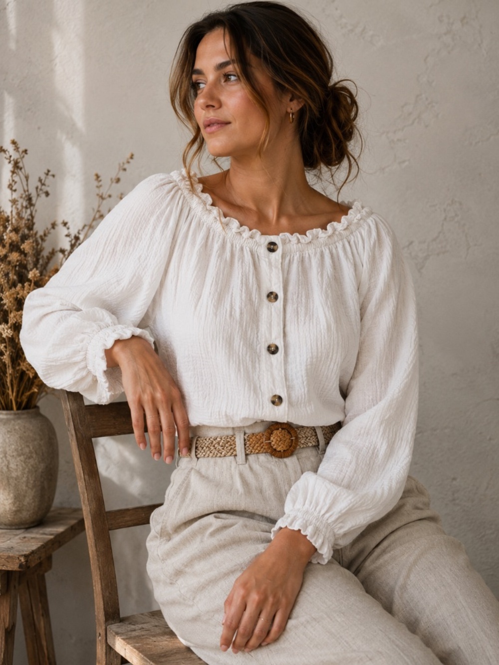 H&M White Linen Blend Peasant Blouse Size 2 Boho Cottagecore Puff Sleeve